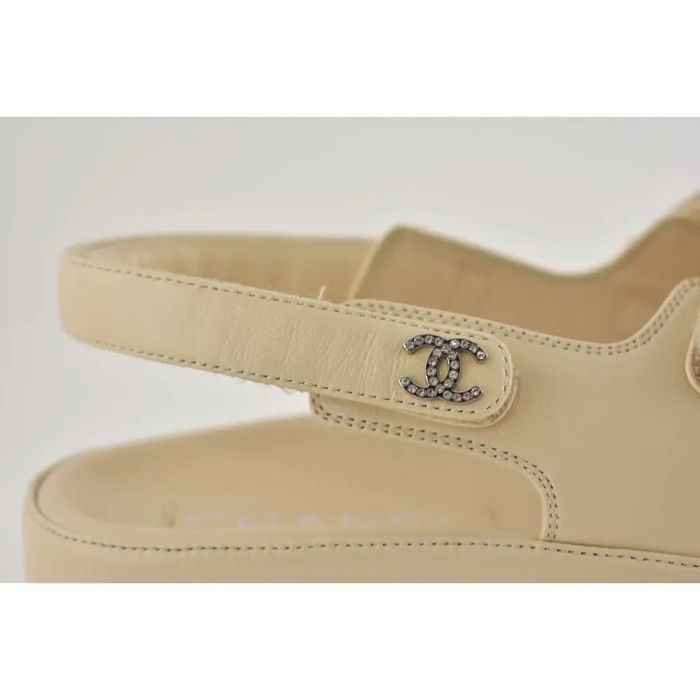Chanel 24S Beige Leather Triple Strap CC Logo Mule Slide Teva Dad Sandal Flat 41